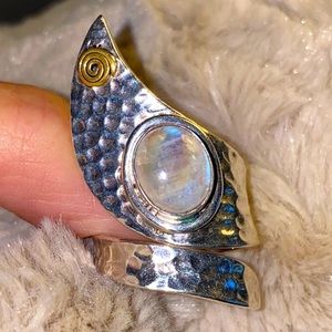Unique 925 sterling statement hammered wrap ring with moonstone size 10-11.